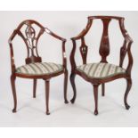 FOUR EDWARDIAN MAHOGANY CORNER CHAIRS, comprising: THREE SIMILAR, with boxwood line inlays,