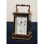 A MODERN FRENCH BRASS CASED CARRIAGE CLOCK with alarm, the white enamel Roman dial inscribed 'L'
