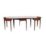 TWENTIETH CENTURY LINE INLAID MAHOGANY THREE PIECE ‘D’ END DINING TABLE, comprising: PAIR OF ‘D’