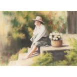 UNATTRIBUTED (TWENTIETH CENTURY) PASTEL Barefoot woman sat on steps next to a pot of flowers