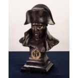 MODERN REPRODUCED PATINATED BRONZE BUST OF NAPOLEON, modelled in military attire, and raised on a