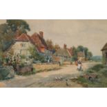 JAMES W. MILLIKEN (1887-1930) WATERCOLOUR DRAWING Bygone rural street scene with cottages, figures