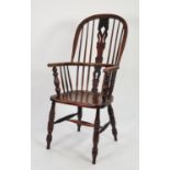 NINETEENTH CENTURY ELM AND FRUITWOOD HIGH BACK WINDSOR ARMCHAIR, the two part spindled back with