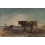 HENRY BRITTON WILLIS (1810-1884) WATERCOLOUR DRAWING ‘Moonlight’, tranquil landscape with cows in