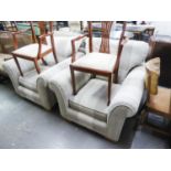 AN AS NEW PAIR OF ARMCHAIRS, WITH SCROLL ARMS, PADDED THROUGHOUT WITH GREY AND CREAM STRIPED CORD
