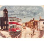 PAUL TITTERTON (TWENTIETH CENTURY) OIL ON BOARD ‘Wet Cobbles, Stockport No 84…..’, tram Signed,