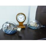 SMALL EDWARDIAN OAK CASED BALLOON SHAPE MANTEL CLOCK, 7 1/2" (19cm) HIGH, ALSO TWO 'SHIPS' IN