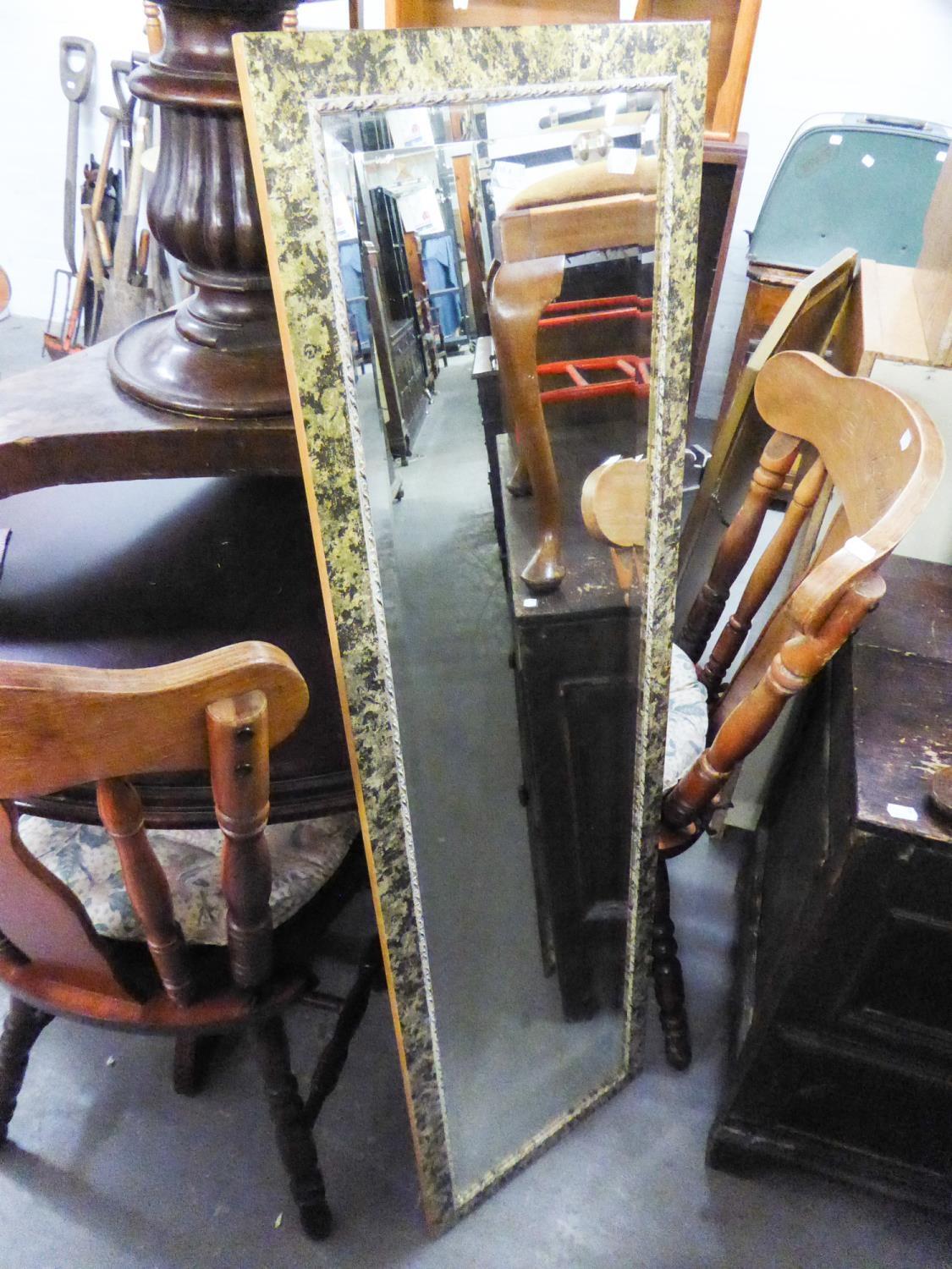 A DRESSING STOOL, A RED PAINTED BEDROOM SINGLE CHAIR AND A FRAMED BEVELLED EDGE ROBING MIRROR (3) - Image 2 of 2