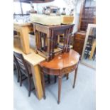 A REPRODUCTION DEMI-LUNE TABLE, A PAIR OF SMALL STOOLS, AN OAK NEST OF TABLES