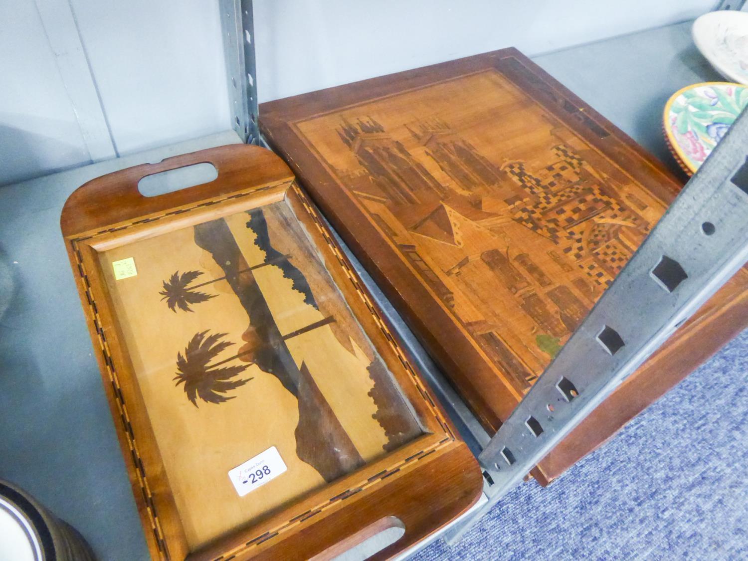 TWO MARQUETRY PICTURES, ONE DEPICTING CHAPS PLAYING A CARD GAME, THE OTHER OF A CITY STREET SCENE,