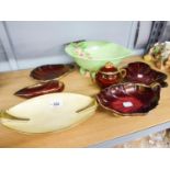 FIVE PIECES OF CARLTON WARE 'ROUGE ROYALE' LOZENGE LEAF SHAPED PLATE, URN, SHELL SHAPED DISH AND