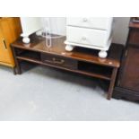 MAHOGANY OBLONG LONG JOHN COFFEE TABLE, FITTED UNDERSHELF AND ONE SMALL DRAWER
