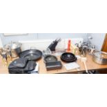 SELECTION OF KITCHEN WARES TO INCLUDE; A WAGNER 28, 12" DIAMETER PAN, WOK, A KNIFE SET, 6 WINE