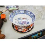 MASONS IRONSTONE CHINA LARGE CIRCULAR BOWL, WITH BLUE PRINTED AND COLOURED CHINOISERIE EXOTIC BIRD