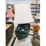 A LARGE CORNISH DARK GREEN STUDIO POTTERY TABLE LAMP AND SHADE