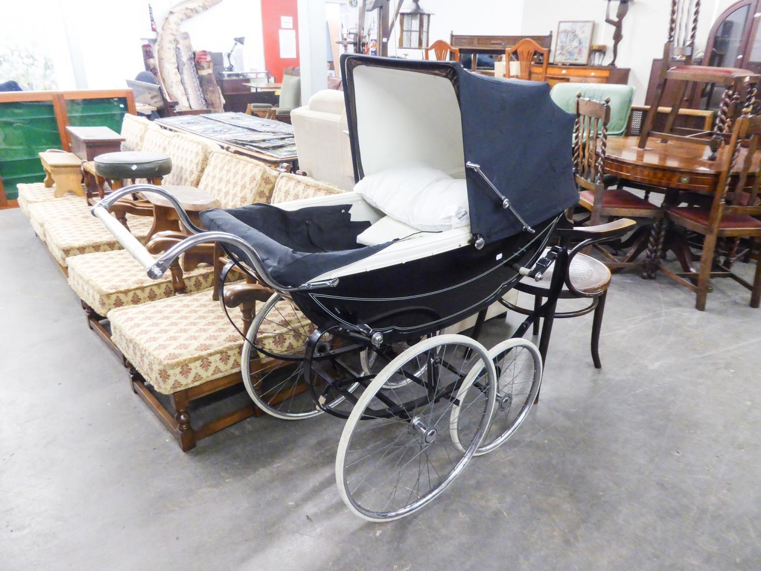 1950's OSNARTH COACH PRAM, BLACK LACQUEUR WITH WHITE TRIM