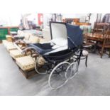 1950's OSNARTH COACH PRAM, BLACK LACQUEUR WITH WHITE TRIM