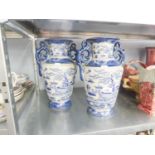 A PAIR OF REGENCY IRONSTONE BLUE AND WHITE CASES WITH END HANDLES, PAGODA AND LANDSCAPE