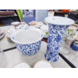 MODERN CHINESE BLUE AND WHITE PORCELAIN CYLINDRICAL VASE WITH FLARED TOP, 14" HIGH AND A SIMILAR