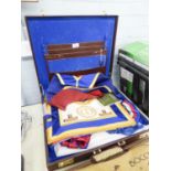 EAST LANCASHIRE MASONIC REGALIA, APRON, SASH, etc, contained in a BROWN LEATHER ATTACHE CASE,