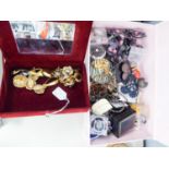 TEN PAIRS OF MAINLY LARGE GOLD PLATED CLIP EARRINGS, IN A CRIMSON VELVET TRINKET BOX, AND A QUANTITY