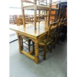 LARGE OAK DRAW LEAF DINING TABLE, WITH PLANKED TOP, RAISED ON TURNED SUPPORTS, WITH 'H' STRETCHER