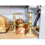 A PAIR OF BRASS CANDLESTICK STANDS, A COPPER KETTLE NAD TWO COPPER JUGS (5)