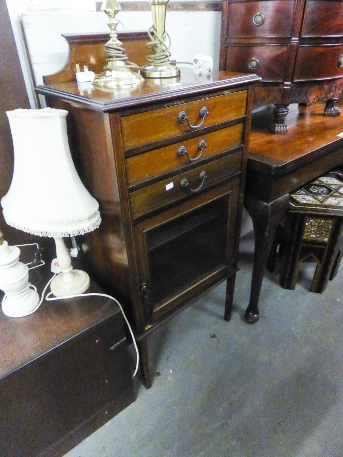 AN EDWARDIAN INLAID MAHOGANY SHEET-MUSIC CABINET WITH GLASS FRONTED CUPBOARD BELOW