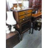 AN EDWARDIAN INLAID MAHOGANY SHEET-MUSIC CABINET WITH GLASS FRONTED CUPBOARD BELOW