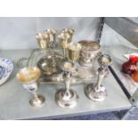 A SET OF SIX ELECTROPLATE GOBLETS, AN ELECTROPLATE TWO HANDLED TEA TRAY, A PAIR OF TABLE