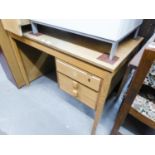 A LIGHT WOOD MODERN DESK, WITH FITTED THREE DRAWER PEDESTAL AND A LIGHT WOOD MODERN BOOKCASE (2)