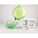 MALING GREEN LUSTRE POTTERY BOAT SHAPED FLOWER BOWL, of footed form, with border of white flower