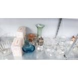 A PLAIN GLASS ICED WATER JUG WITH PLATED MOUNTS AND HANDLE, A CUT GLASS FRUIT BOWL AND MISC