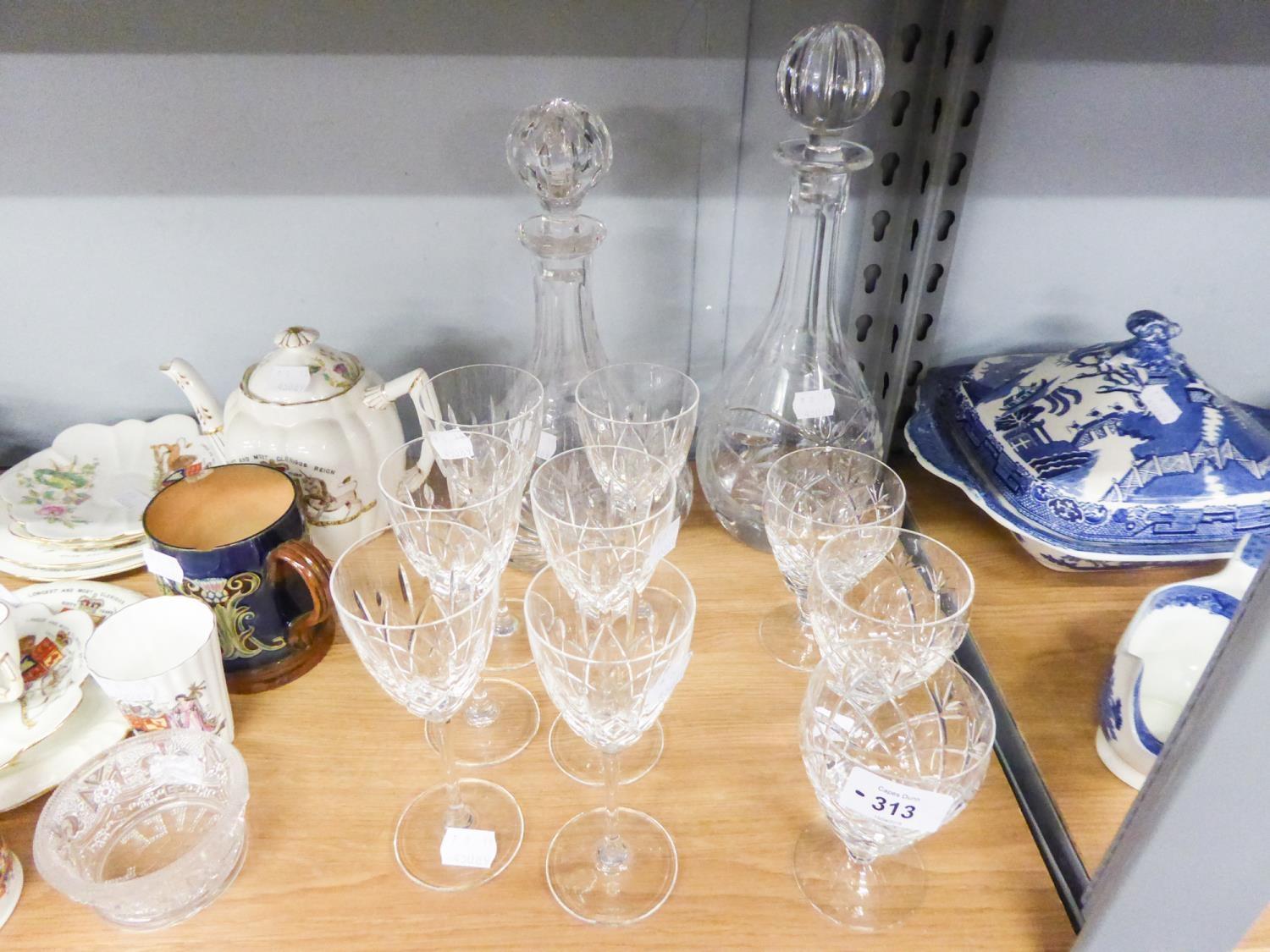 A SMALL GROUP OF CUT GLASS DRINKING GLASSES, DECANTERS ETC....