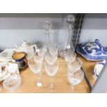 A SMALL GROUP OF CUT GLASS DRINKING GLASSES, DECANTERS ETC....