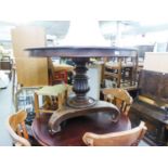 EARLY NINETEENTH CENTURY MAHOGANY BREAKFAST TABLE, the moulded circular snap top above a heavy