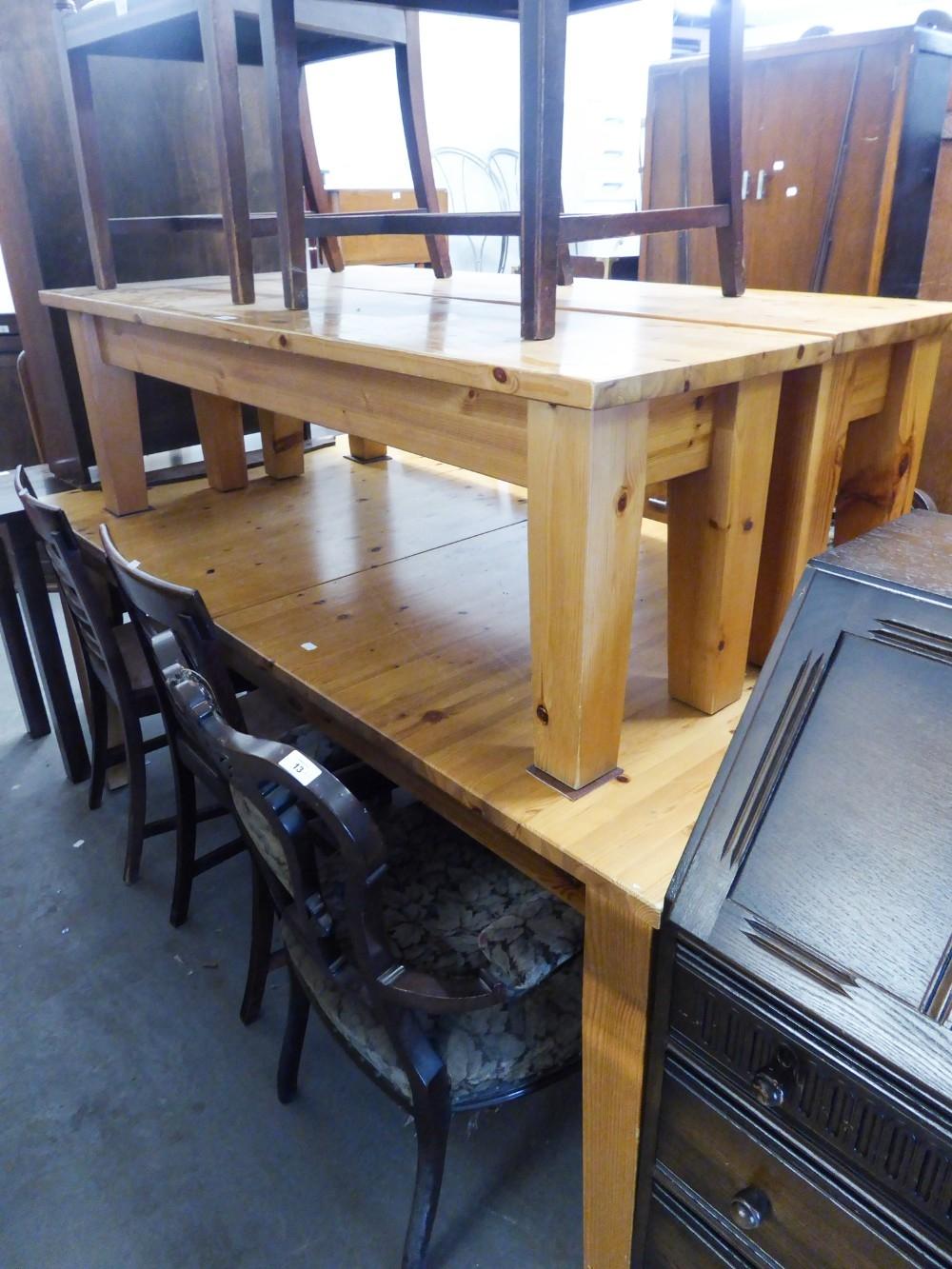 A LARGE PINE EXTENDING DINING TABLE, WITH TWO BENCH SEATS AND A SIMILAR DINING CHAIR (4)