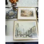 A BLACK AND WHITE PRINT, STREET SCENE; A PRINT OF A WATERCOLOUR DRAWING, STREET SCENE AND A QUARTZ