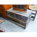 A VINTAGE FIBRE AND WOOD BOUND CABIN TRUNK