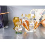 A GROUP OF STYLISH COLOURED ART DECO GLASS ITEMS TO INCLUDE; THREE PERFUME BOTTLES AND TWO VASES (5)