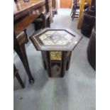 EARLY TWENTIETH CENTURY INDIAN TABLE, HAVING HEXAGONAL TOP ON SHAPED BASE, WITH MOTHER O'PEARL AND