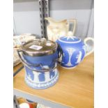 A LATE VICTORIAN COPELAND STONEWARE TEAPOT, A WEDGWOOD BISCUIT BARREL WITH E.P. LID, AND AN A.G