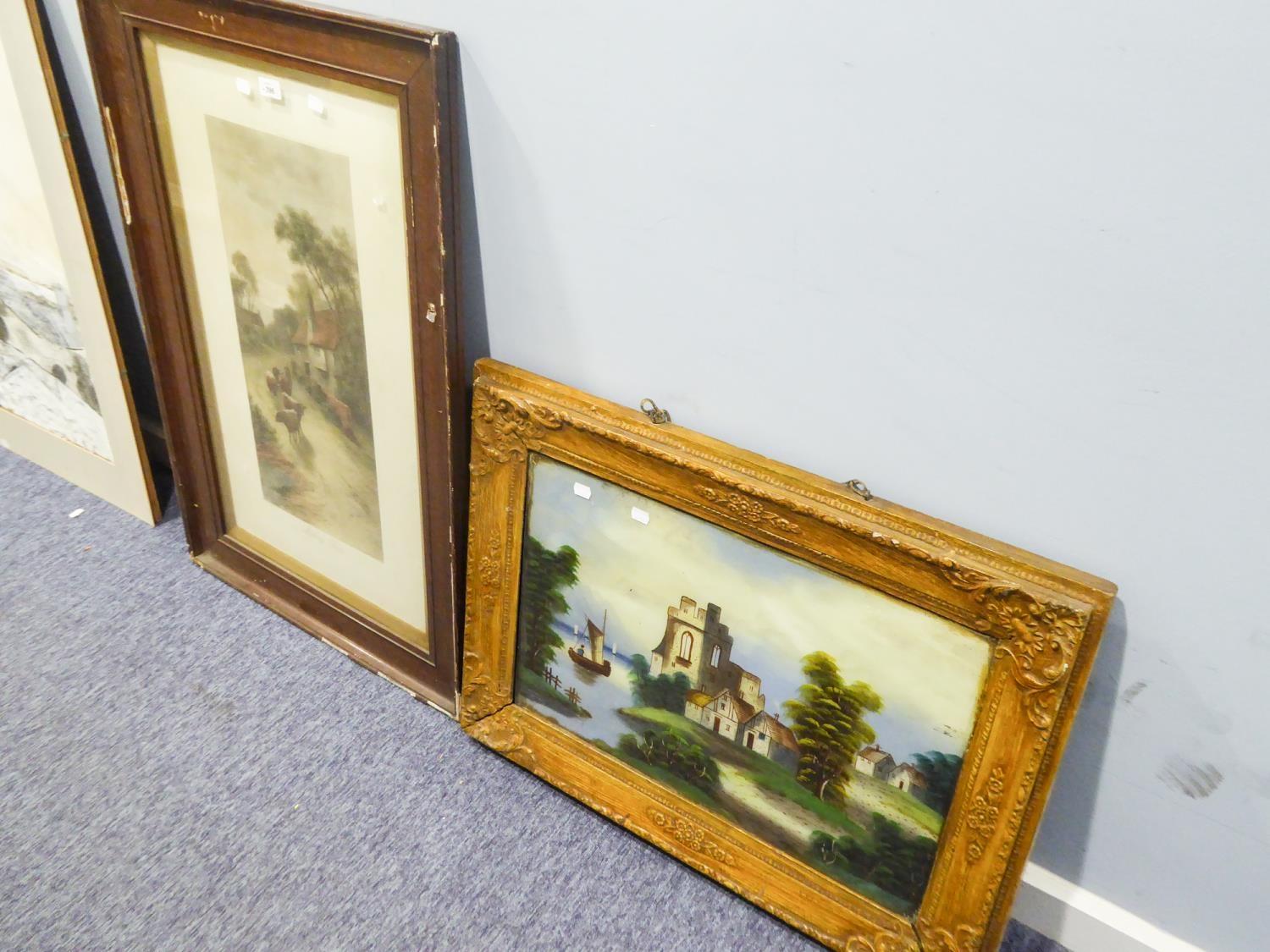 VICTORIAN MEZZOTINT, ‘MILKING TIME’ in oak frame, and a NAÏVE PAINTING ON GLASS, river landscape, (