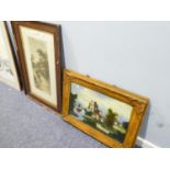 VICTORIAN MEZZOTINT, ‘MILKING TIME’ in oak frame, and a NAÏVE PAINTING ON GLASS, river landscape, (