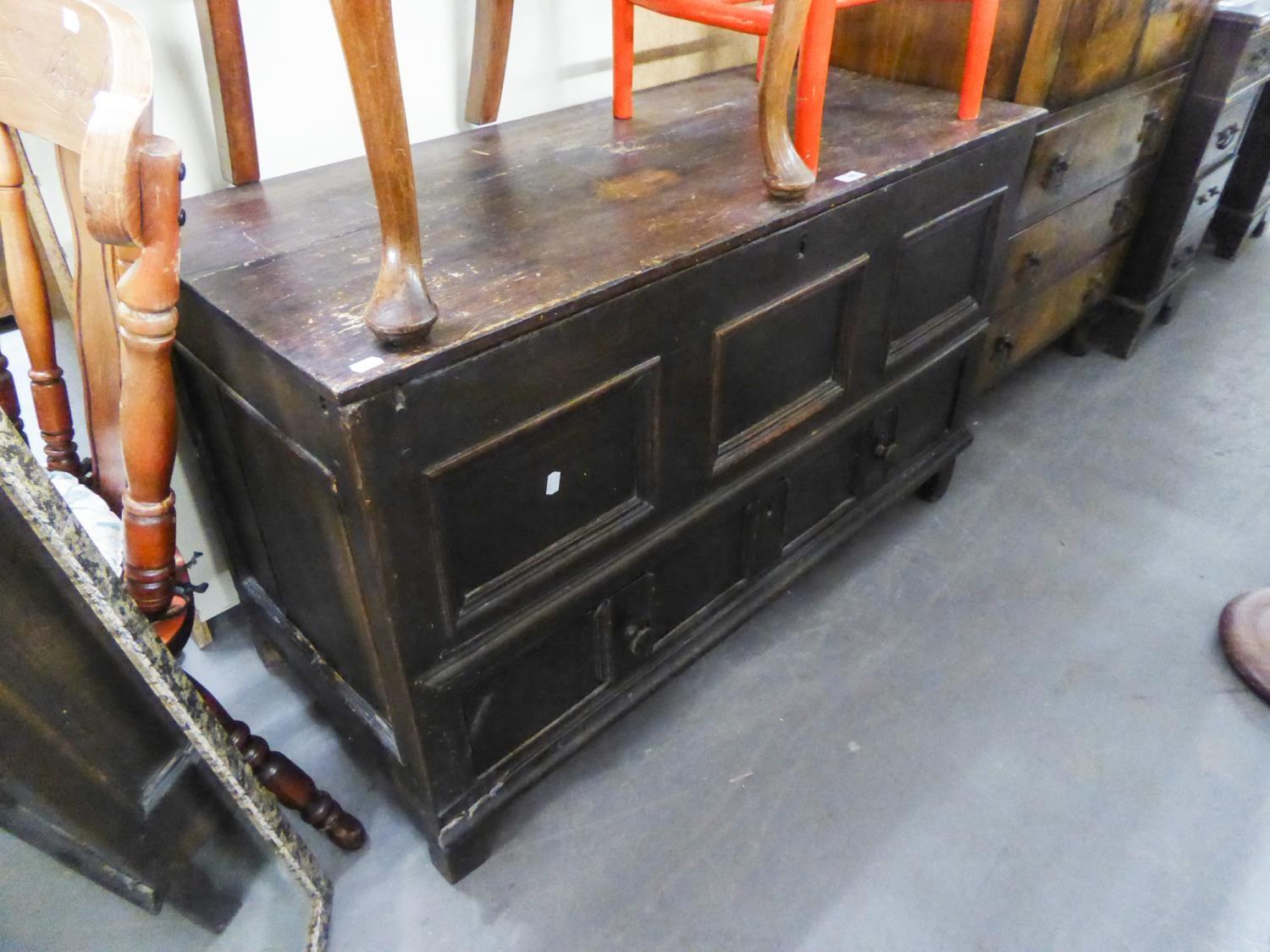 EIGHTEENTH CENTURY AND LATER OAK DOWER CHEST, with lift-up top and long drawer below, (lid replaced)