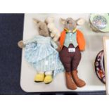 TWO SOFT TOY RABBITS, DRESSED AND A BABY RABBIT