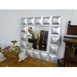 MODERN PADDED SILVER FINISHED LEATHER FRAMED SQUARE WALL MIRROR, 29" (73.7cm) square