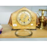 A WALNUTWOOD ART DECO MANTEL CLOCK, WITH WHITE CHAPTER RING, BLACK ROMAN NUMERALS (LACKS GLASS)