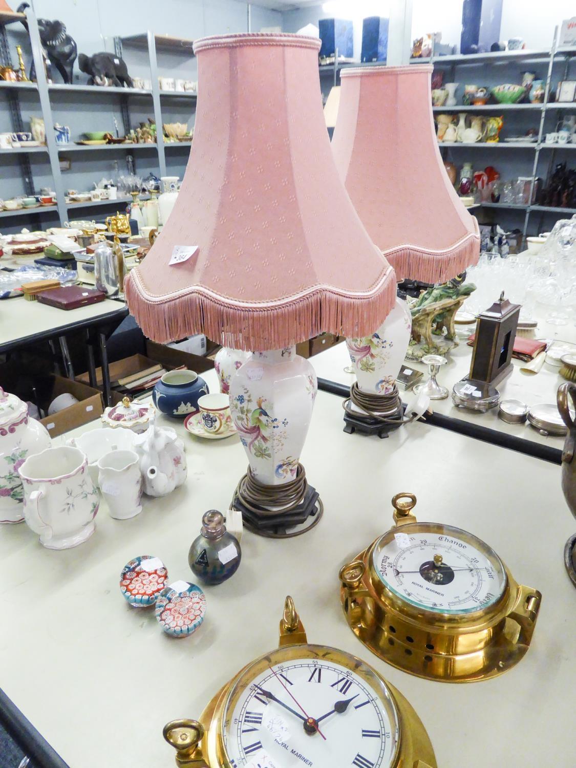 A POTTERY TABLE LAMP AND SHADE, TWO MILLEFIORI PAPERWEIGHTS AND A LUSTROUS GLASS GLOBULAR PERFUME