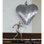 MODERN WHITE METAL LARGE HEART SHAPED ORNAMENT, with ring suspension, embossed with flower heads and